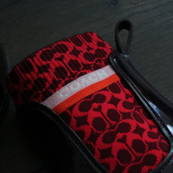 Coach Burgundy Patent Rain Chelsea Boots with Red Signature Sock - Picture 3 of 8